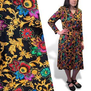 Iconic Colorful Baroque Floral 80s Vintage Midi Dress Leslie Fay Long Sleeve M